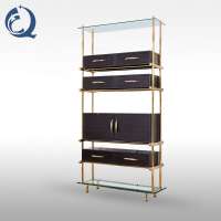 home furniture gold stainless steel frame glass display cabinet with brown drawer and glass surface